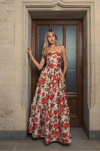 Brocade Strapless Floral Gown With Ruffle Hem - Antique