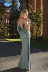 Sleeveless Jersey Cowl Neck Gown With Beading - Sage