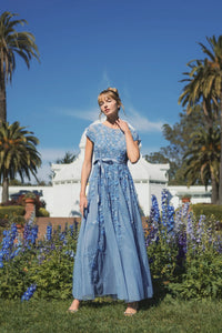 Floral Embellished Short Sleeve Mesh Gown - Sky Blue