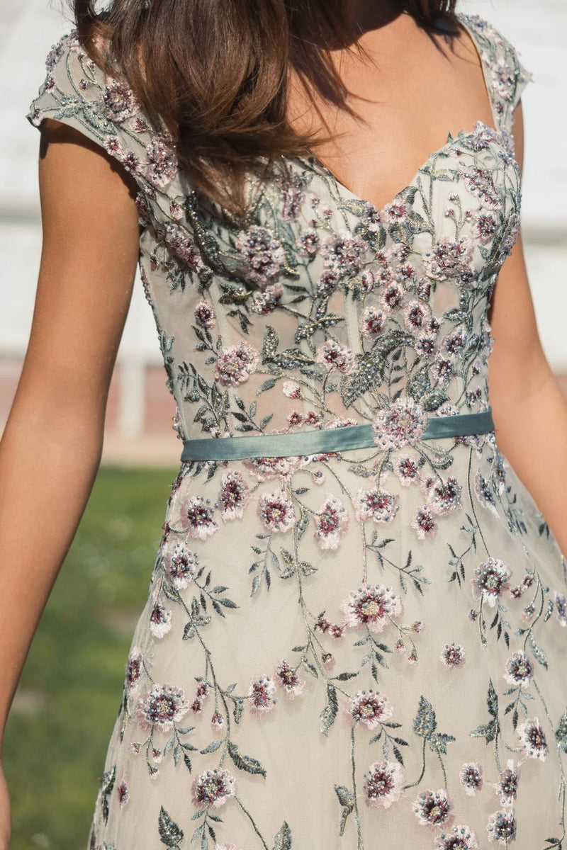 Floral Embroidered Sweetheart Neckline Dress - Nude