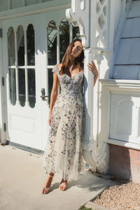 Floral Embroidered Sweetheart Neckline Dress - Nude