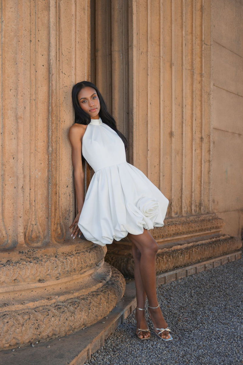 Satin High Neck Bubble Hem Mini Dress - Ivory