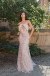 Strapless Beaded Applique Mermaid Gown With Flower - Pink