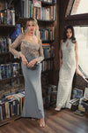 Beaded Square Neck Long Sleeve Tudor Gown - Platinum