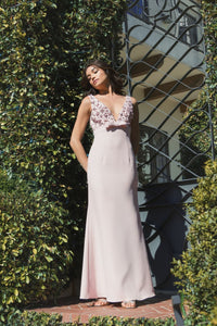 Pink Crepe Sleeveless Beaded V Neck Gown With Bow - Black