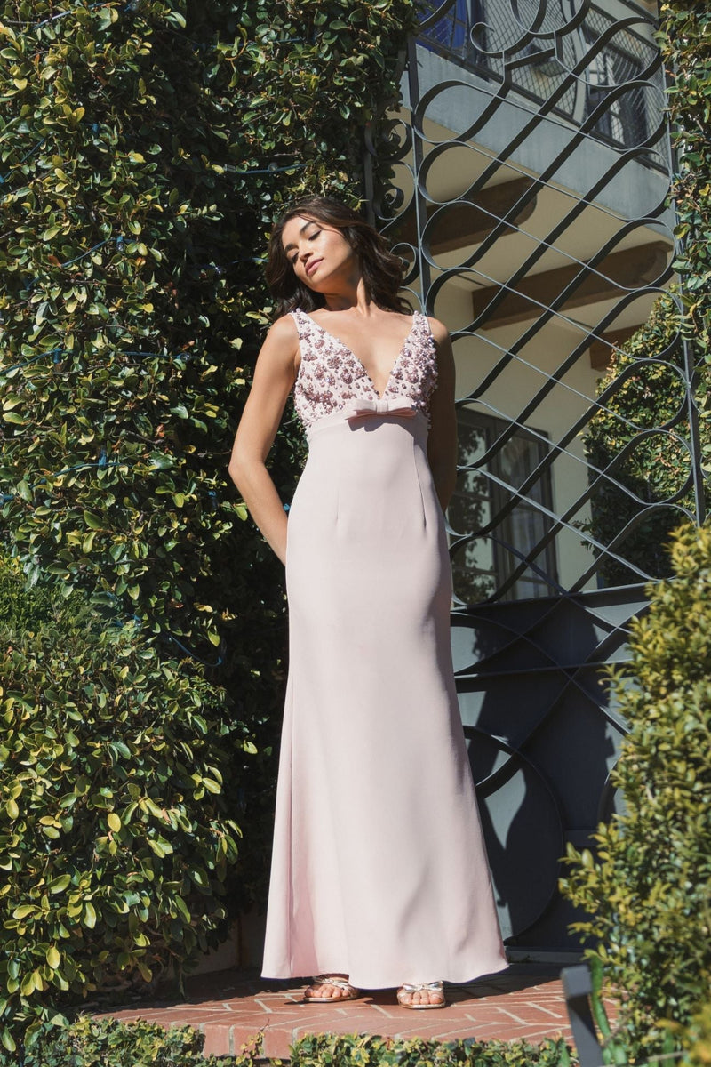 Pink Crepe Sleeveless Beaded V Neck Gown With Bow - Black