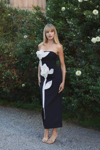 Strapless Crepe Ankle Dress With 3D Satin Flowers - Black