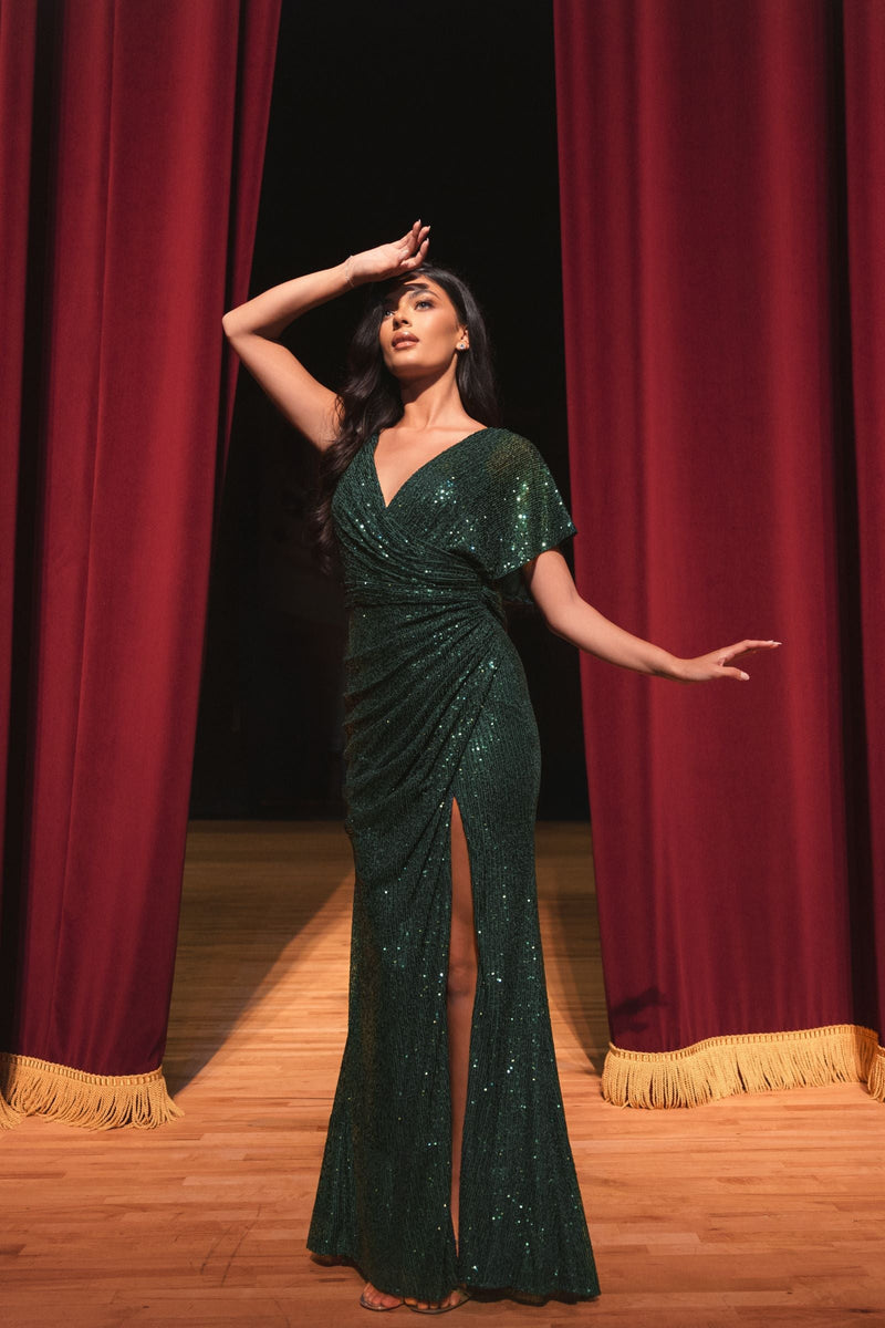 Sequin asymmetrical draped trumpet gown - Emerald Sequin