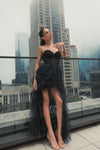 Strapless Bustier Net Gown With Spiral Ruffles - Black