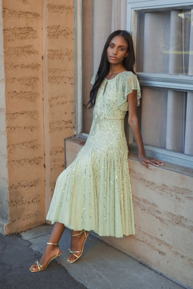 Embellished Bow Flutter Sleeve A Line Midi Dress - Seafoam