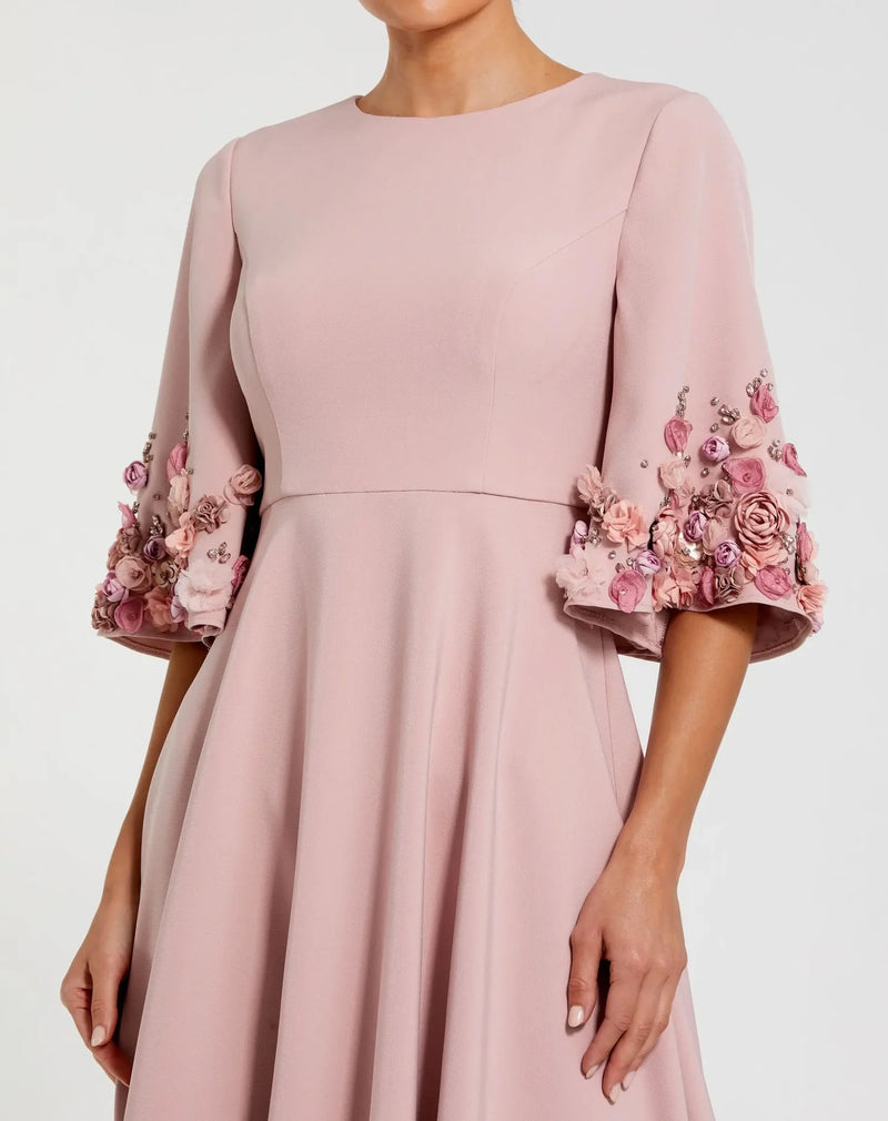 Pink Crepe A-line Gown With Flower Trim - Rose