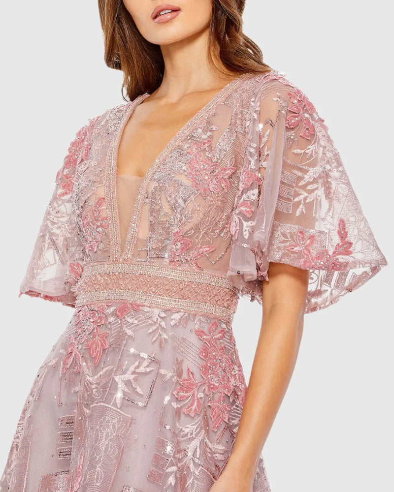 Embroidered Flounce Sleeve A Line Gown - Pink