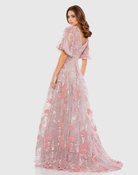 Embroidered Flounce Sleeve A Line Gown - Pink