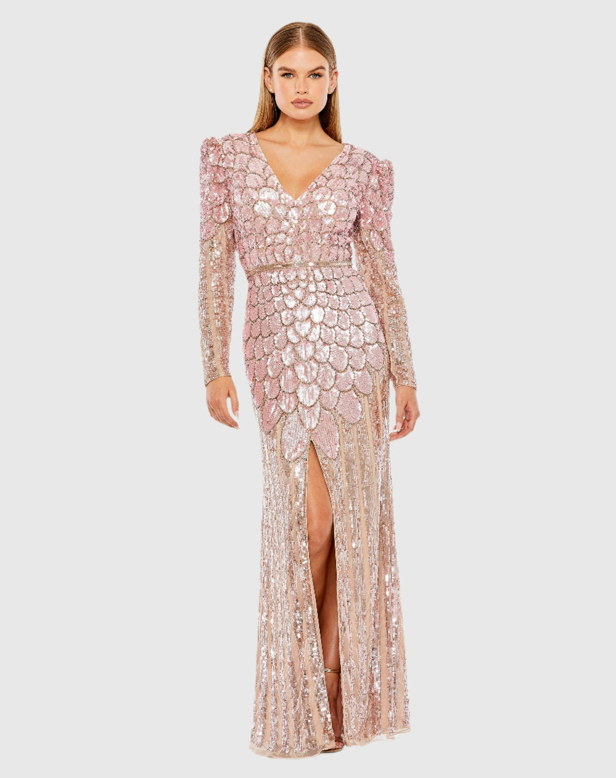 All over sequin long sleeve V neck Gown - Rose Gold