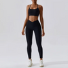 Black V Front Leggings & Backless Strappy Cropped Seamless Gym Set