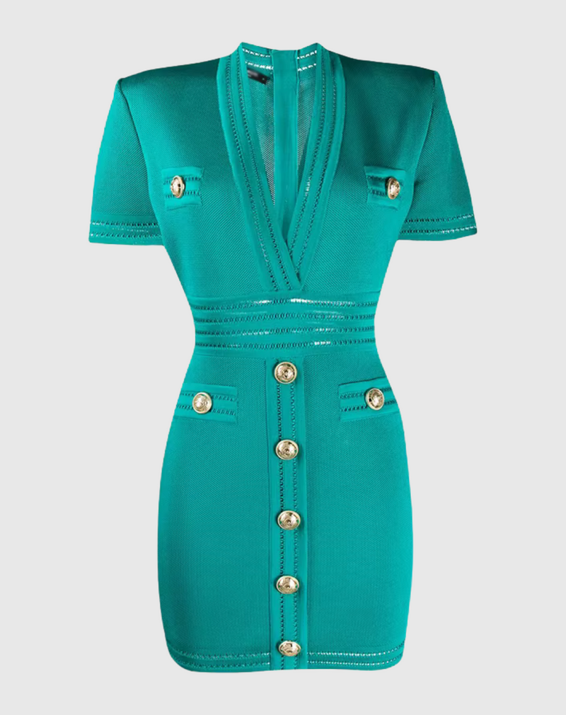 Short sleeve button detail mini dress - Turquoise