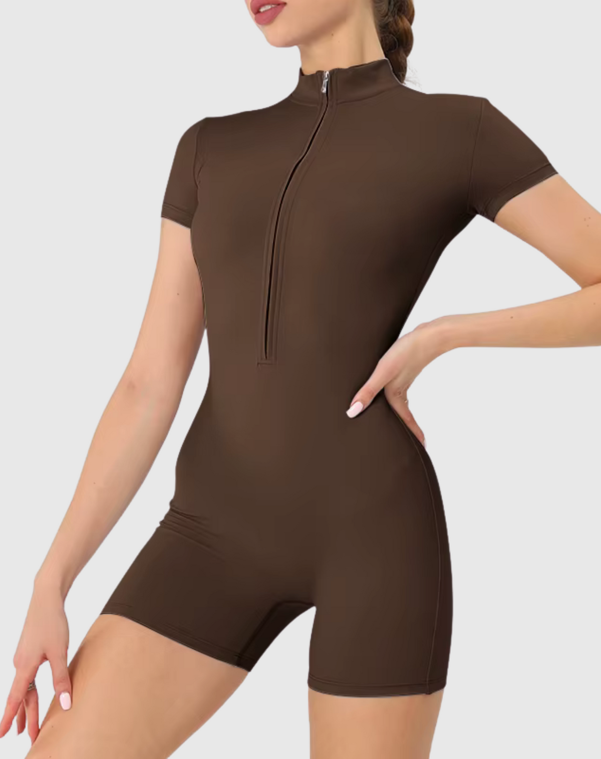 Sexy Gym One Piece Zip Up Fitted Jumpsuit - Brown