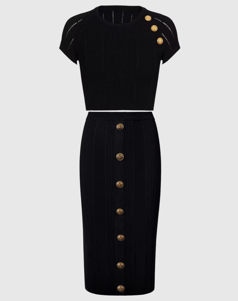 balmain style Short Sleeve Midi Skirt Co Ord Set - Black