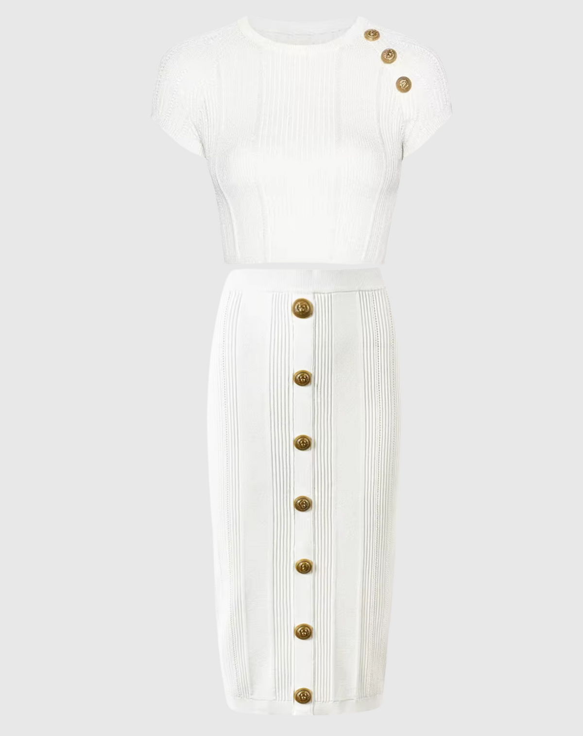 balmain Short Sleeve Midi Skirt Co Ord Set - White