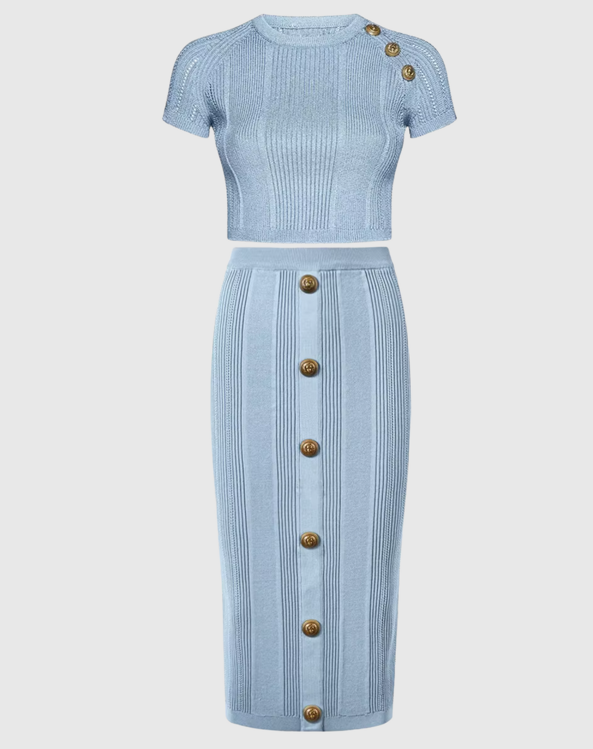 balmain style Natalynska Short Sleeve Midi Skirt Co Ord Set - Baby Blue