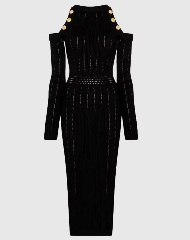 Natalynska Cold Shoulder Long Sleeve Button Detail Midi Dress - Black 