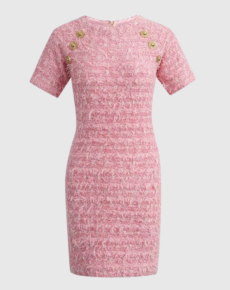 balmain style pink mini dress gold buttons