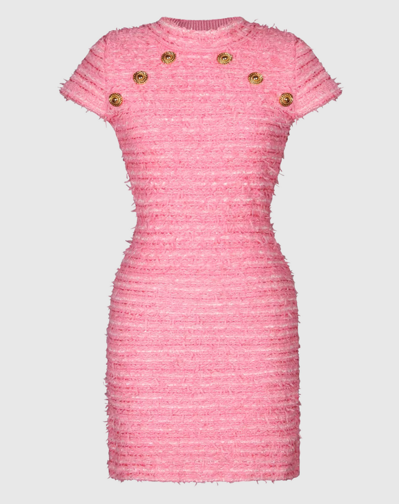 balmain style high neck pink mini dress