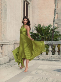 Pleated halterneck asymmetrical hem gown - Apple Green