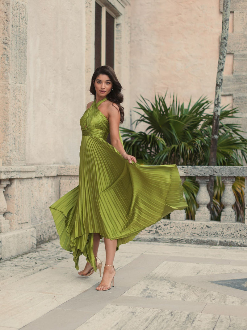 Pleated halterneck asymmetrical hem gown - Apple Green