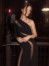 Jersey One Shoulder Illusion Cut Out Gown - Black