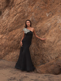 Black Crepe One Shoulder Gown With Flower - Black