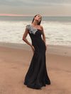 Black Crepe One Shoulder Gown With Flower - Black