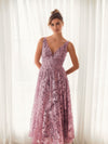 V-Neck Low Cut Back Floral Embroidered A-Line Dress - Mauve