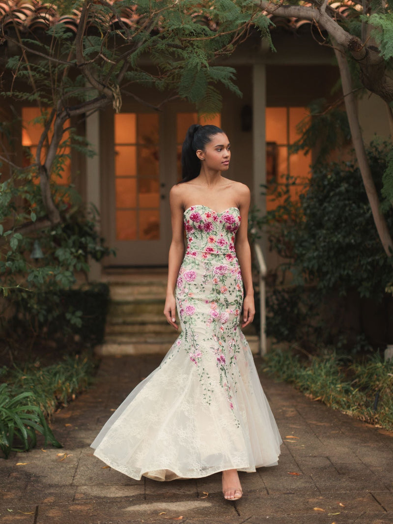 Strapless Bustier Embroidered Mermaid Gown - Pink