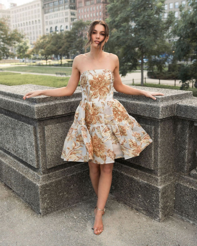 Strapless brocade mini dress with pockets - Bronze