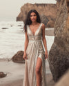 Metallic Sequin Plunge Dress - Nude Silver