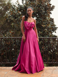 Pink Strapless A-Line Bow Ballgown - Hot Pink