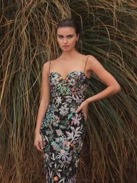 Floral Embroidered Spaghetti Strap Gown - Black