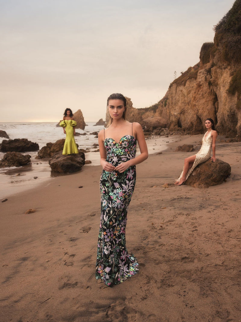 Floral Embroidered Spaghetti Strap Gown - Black