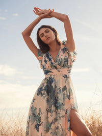 Floral Print Plunge Chiffon Gown - Blue