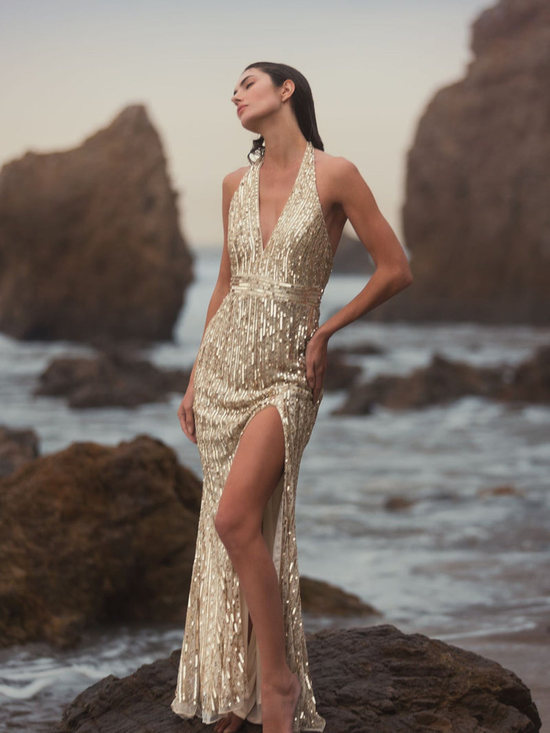 Sequined Halter Strap Trumpet Gown - Silver Nude