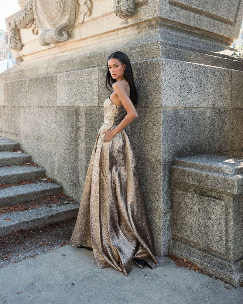 One shoulder metallic ballgown - Antique Bronze