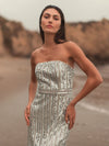 Sequin & Crystal Embellished Strapless Dress - Nude