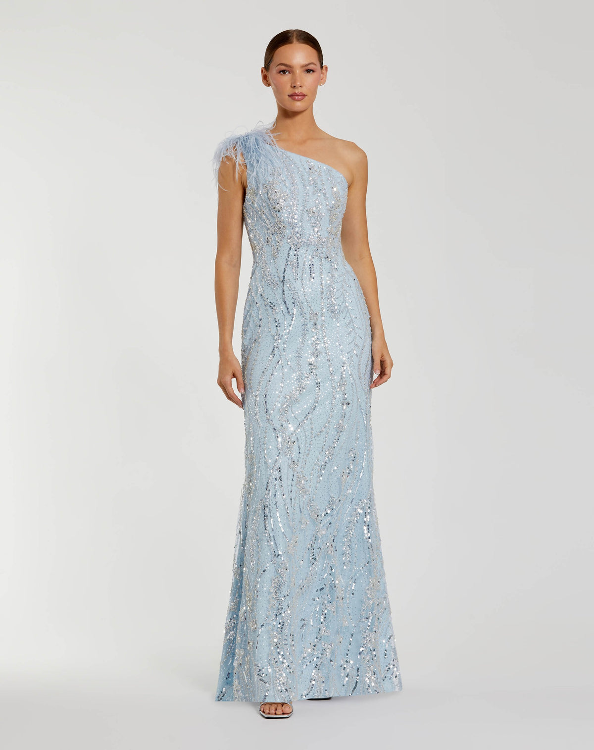 Mac Duggal #20887 Ostrich feather asymmetric embroidered gown - Powder Blue