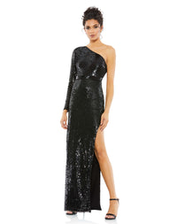 This stunning black, Mac Duggal elegant evening gown is perfect for your next black-tie affair, this floor-length dress is crafted from allover hand-sequined fabric and is designed with a single long sleeve, a sexy high side slit, and a waistband that accents the natural waist. 