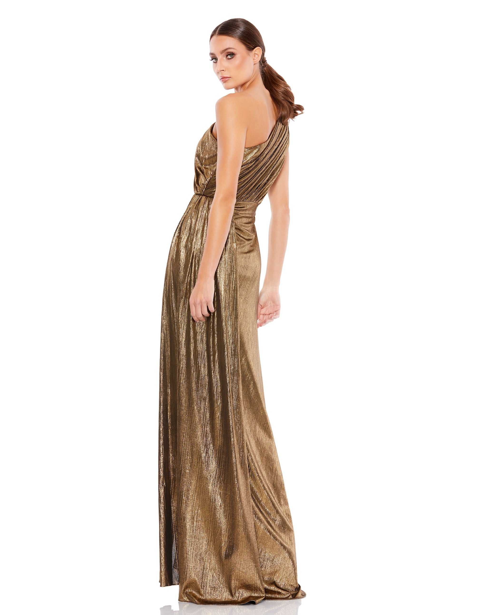 Mac Duggal Metallic draped one shoulder Grecian dress Antique