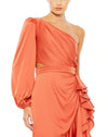 Mac Duggal Style #49531 One sleeve cut out asymmetrical ruffle gown - Orange close up