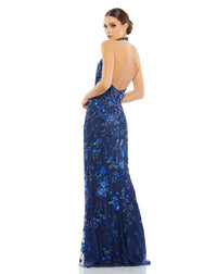 Mac Duggal Style #5484 Floral embellished halter gown - Blue sequin back