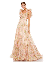 This gorgeous chiffon pink multi maxi dress with cut-out sides and back, pleated bodice, and a sexy lace-up open back is the perfect dress to wear as a wedding guest for Summer weddings and parties! With dramatic ruffles accent the shoulders, and a flowy tiered skirt, this dress is both show-stopping and elegant. 