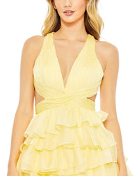 This show-stopping, lemon yellow, prom dress is styled with a pleated bodice with a deep neckline, waist cutouts, and crisscross centre providing the perfect amount of cleavage. With decadent layers of graduated ruffles fill out the full skirt for a design that’s festive and flirty, perfect for Summer weddings and parties close up